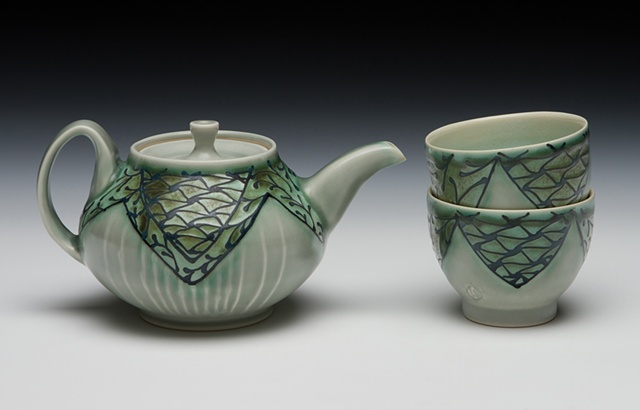 mini teapot with teabowls blue/green