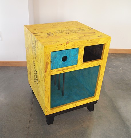 Modern OSB table with colored OSB, yellow and turquoise, bedside table.