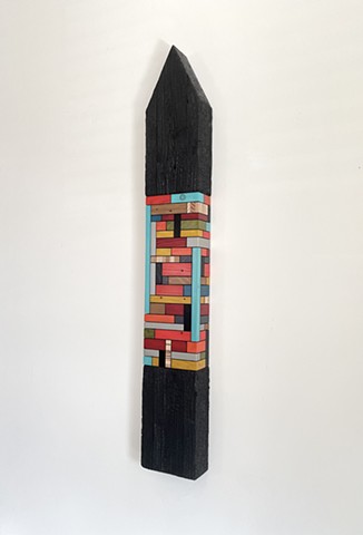 Modern art-contemporary craft, wood art wall hanging Color Module, salvaged wood with mixed media color, carbonized wood, by Andrew Traub. Mid century art for the 21st century