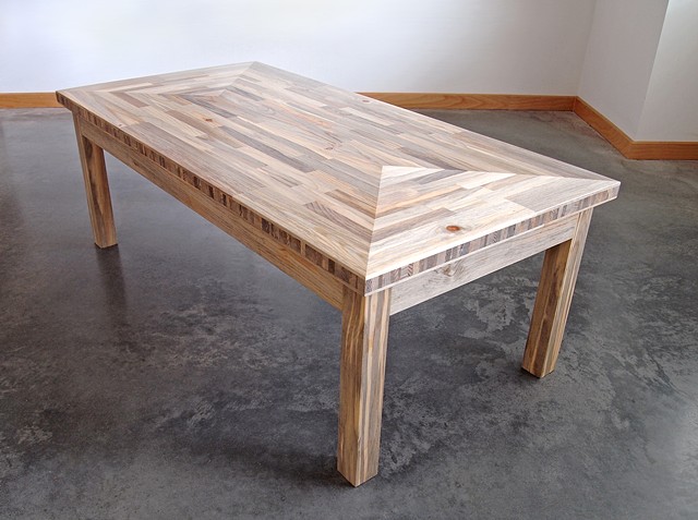 Modern beetle kill pine coffee table with end grain edging handmade by Andrew Traub