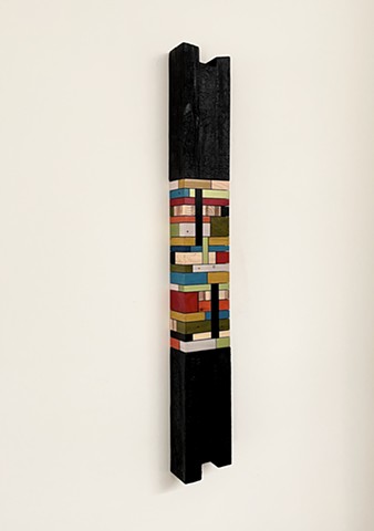 Modern art-contemporary craft, wood art wall hanging Color Module, salvaged wood with mixed media color, carbonized wood, by Andrew Traub. Mid century art for the 21st century