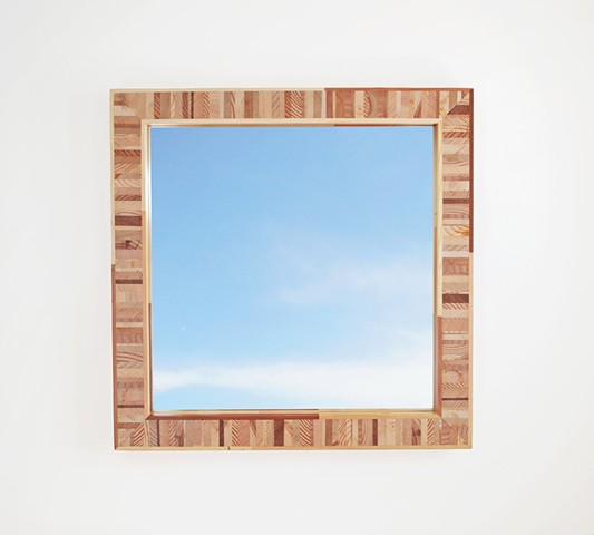 Modern wood mirror frame made from salvaged wood, handmade endgrain wooden frame by Andrew Traub, Andy Traub.