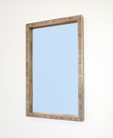 Modern gray wood mirror handmade with beetle kill blue pine; custom mirrors; end grain frame. Andrew Traub Studio