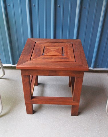 Salvaged redwood patio side table.
