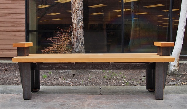 Modern idustrial outdoor bench made with heavy raw steel and cypress, a colaboration between Andrew Traub and Johnny Weld.