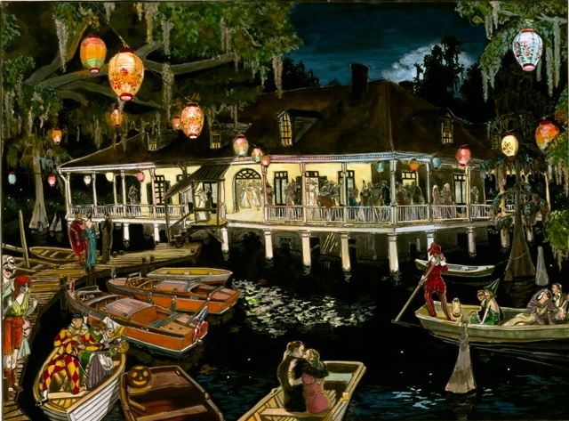 bayou club , plantation house, vintage halloween, wooden boats