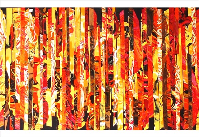 Abstract, fragmented collage painting in warm orange, reds, golds and yellows by Julee Latimer