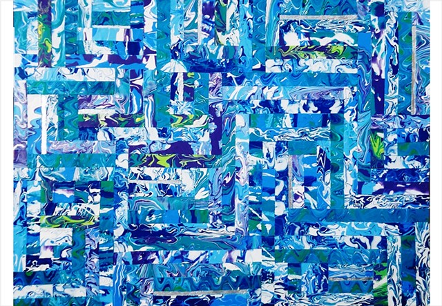 Abstract, fragmented collage painting in bright blues and green by Julee Latimer