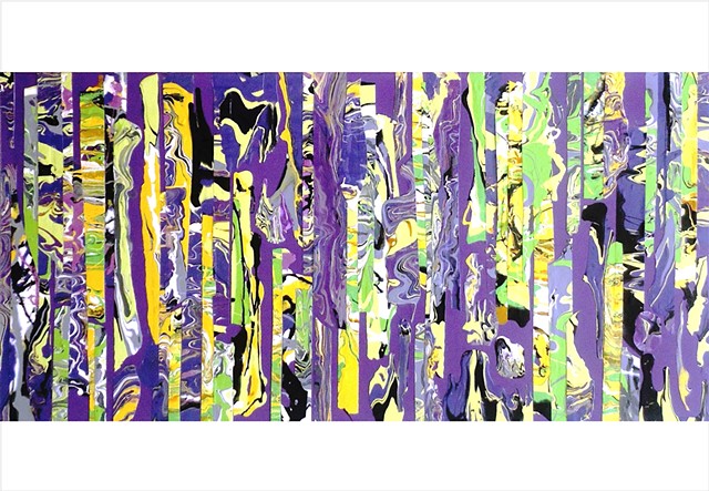 Abstract, fragmented collage painting in purples, violet, lime and yellow by Julee Latimer