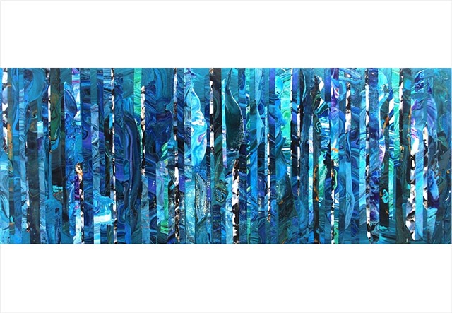 Abstract, fragmented collage painting of deep sea blues and greens by Julee Latimer