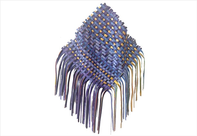 Swatch 2 Purple by Julee Latimer, sculptural woven paint artwork weaving purple, violet and metallic gold strips.