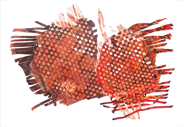 A brown, red and pink woven painting on canvas by Julee Latimer.