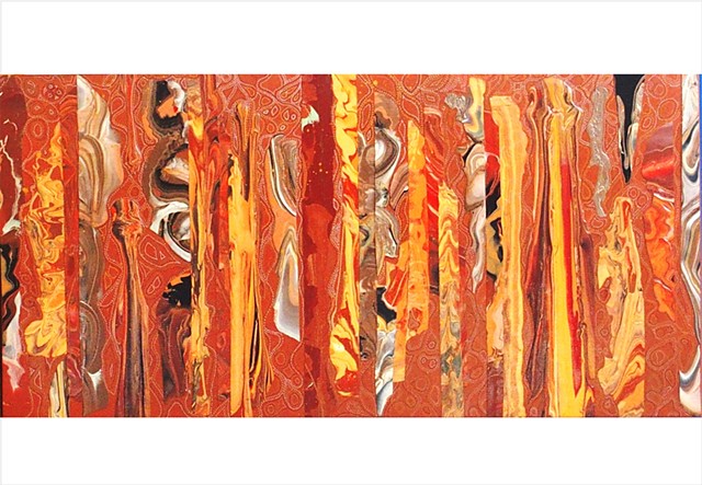 Abstract, fragmented collage painting in earthy terracotta tones with metallic pen work by Julee Latimer