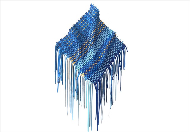 Spill 1 Blue by Julee Latimer, sculptural woven paint artwork weaving vibrant blues and gold metallic strips.