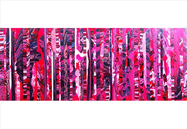 Deep pink, purple, and red, fragmented abstract collage painting with roses by Julee Latimer
