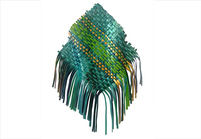 Swatch 3 Green by Julee Latimer, sculptural woven paint artwork weaving deep and bright green with gold metallic strips.