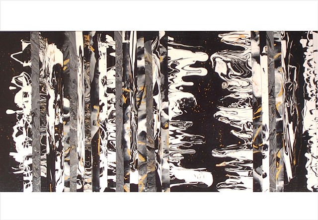 Abstract, fragmented collage painting of black, white and grey monochrome by Julee Latimer