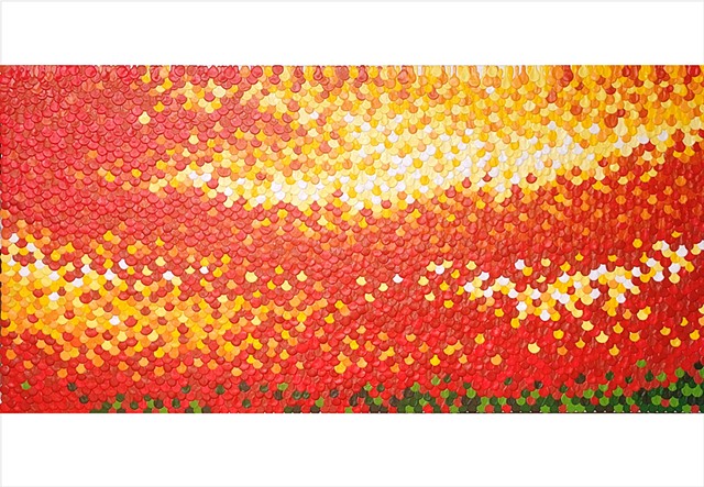 Red orange yellow drip collage painting by Julee Latimer