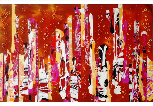 Abstract, fragmented collage painting in red, yellow, black and white by Julee Latimer