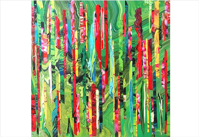 Abstract, fragmented collage, mixed media painting or bright emerald greens with reds and pinks by Julee Latimer