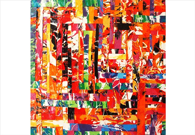 Abstract, fragmented collage resin painting in vivid rainbow colours by Julee Latimer