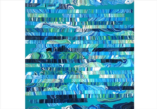 Fragmented, water inspired, abstract collage painting of deep navy and bright aqua blues by Julee Latimer