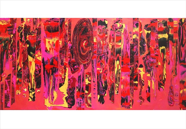 Abstract, fragmented collage painting in deep pinks and bright yellow by Julee Latimer