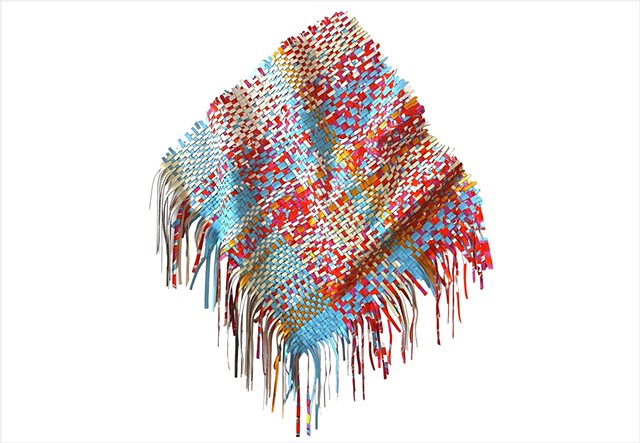 Regatta by Julee Latimer, sculptural woven paint artwork weaving red, white, and blue strips.