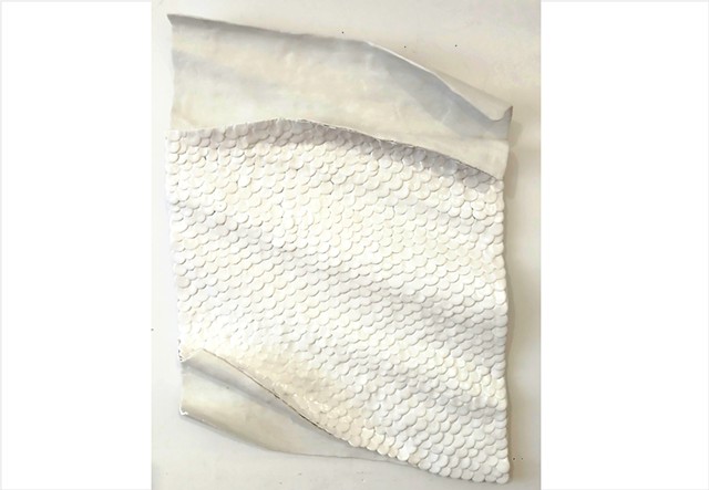 Second Release by Julee Latimer is a contemporary wall sculpure featuring exposed white plaster sculptural folds around a dimensional rippled work of intricately layered white paint elements