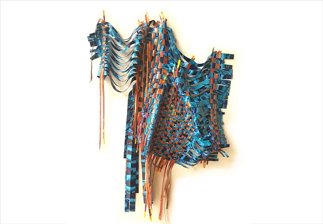 Woven turquoise, gold and orange paint tapestry by Julee Latimer