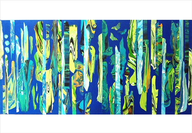 Abstract, fragmented collage painting in deep blues and vivid greens by Julee Latimer