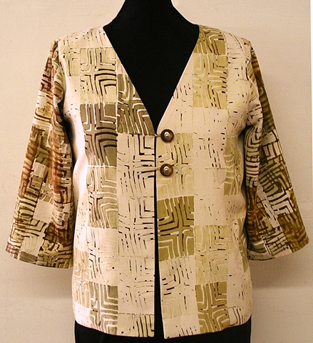 handprinted evening tunic in soft gradations of olive
