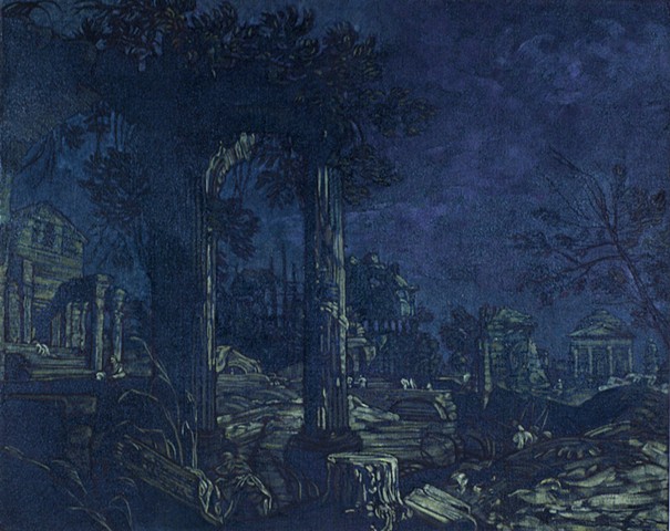 Fantasy Landscape (right side )(blue grey/diminished yellow)  Source: Capriccio with Ruins of Pointed Arch, 1735, The Royal Collection, London, England.
