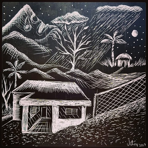 A scratchboard drawing of my grandfather's house in the foreground and a recovering Boriken in the background.