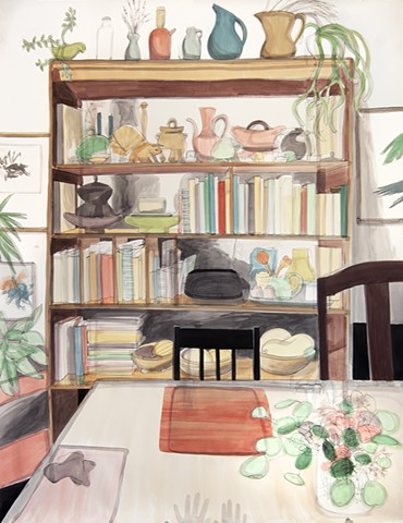 ink and acrylic drawing on paper of kitchen interior with books and plants by Jordan Buschur