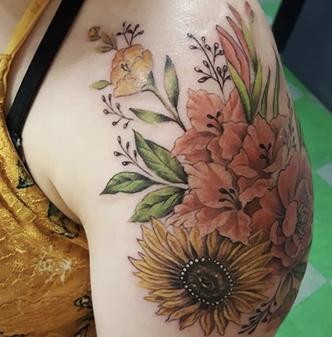 Sunflower Gladiolus tattoo by Sandra Burbul
