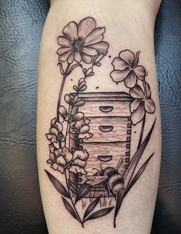 Beehive Botanical tattoo by Sandra Burbul