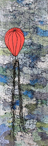 Art recycled hot air balloon Long haired girl peers down below from amongst the clouds inside her bright red hot air balloon