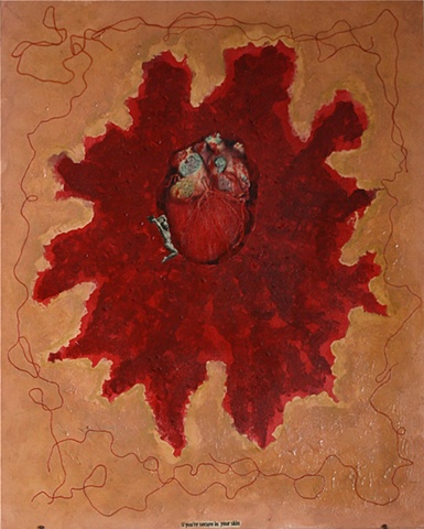 heart, cardiac, skin, recycled object, gold frame, acrylics, canvas board