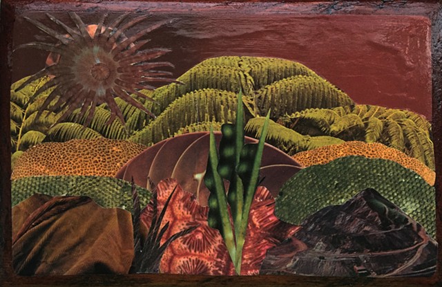 Part Otherworldly Landscapes Series. Paper and acrylic on recycled wood. prehistoric