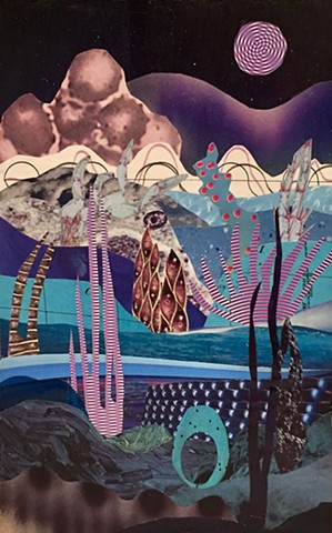 Part of my Otherworldly Landscapes Series. Paper collage, acrylic on recycled wood.