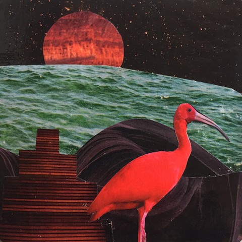 Part of my Otherworldly Landscapes Series. Paper collage on recycled board. Ibis pyramid