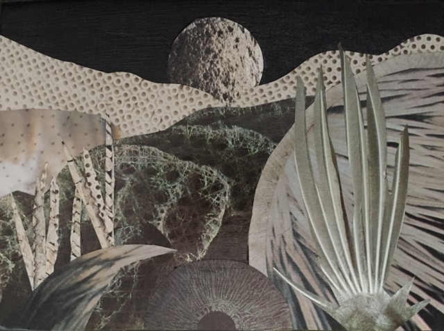 Part of my Otherworldly Landscapes Series. Paper collage and acrylic on recycled wood.