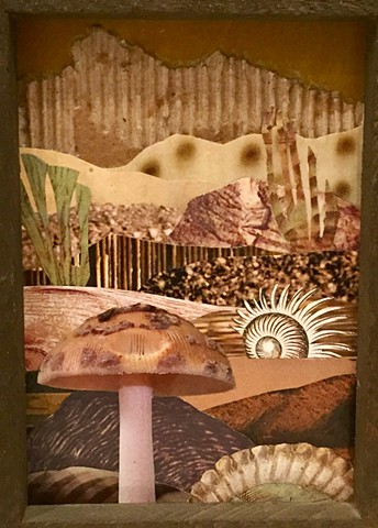 Part of my Otherworldly Landscapes Series. Paper collage and acrylic on recycled wood. mushroom