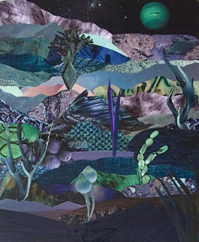 Otherworldly Landscapes Series. Paper collage and acrylic on recycled wood.
