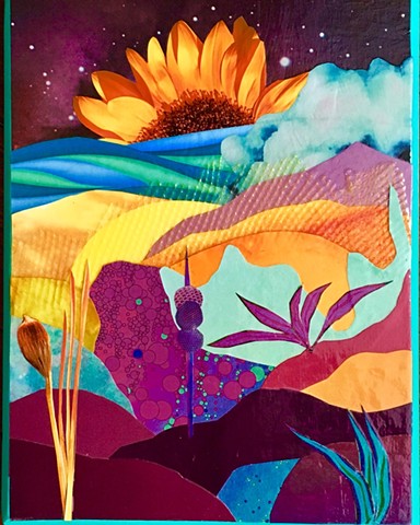 Otherworldly Landscapes Series. Paper, plastic and acrylic on recycled wood. Sunflower