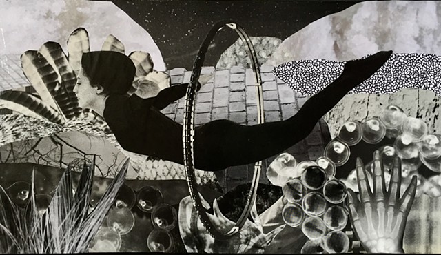 Otherworldy Landscapes Series. Paper Collage on Recycled Wood. Black and White
