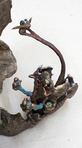 "Consuming Deciduous Dragon" sculpture, bronze casting,fantasy animal theme, lost wax castings, mixed media sculpture
