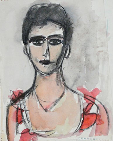 "Female with Red Bows". This early drawing by Jason Berger is drawn in the style of Max Beckman. To  understand an artist, students were encouraged to emulate them.