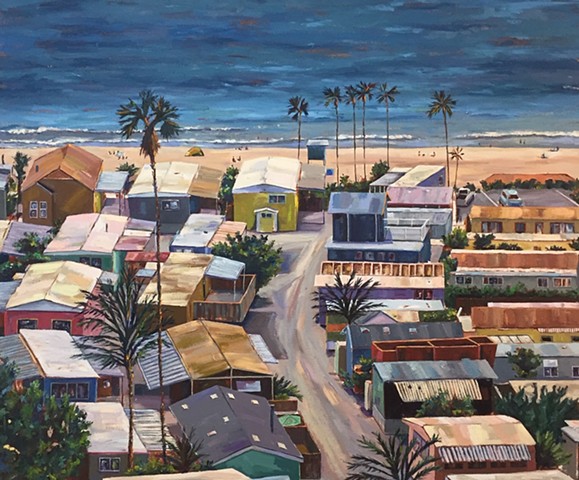 mobile home, Modern art, beach painting, villa, village, tinyhouse, landscape painting, tiny house, coastal living, palm tree painting, trailer park, Tahitian Terrace, Pacific Palisades, California, PCH, modern art, landscape painting, americana, trailer 